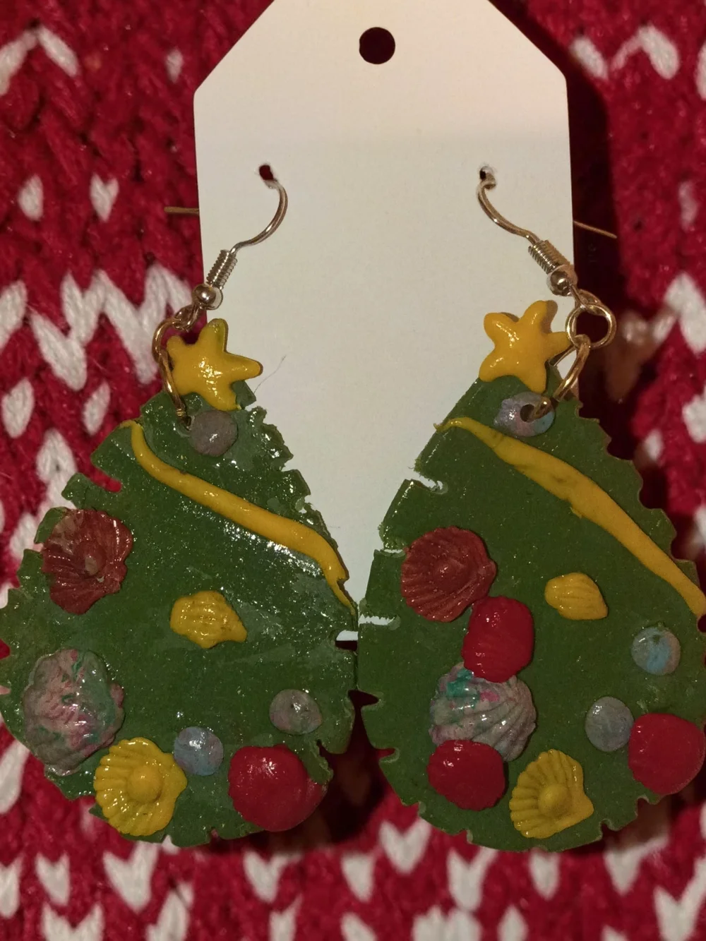Handcrafted Green Christmas Tree Drop Earrings with Yellow Star